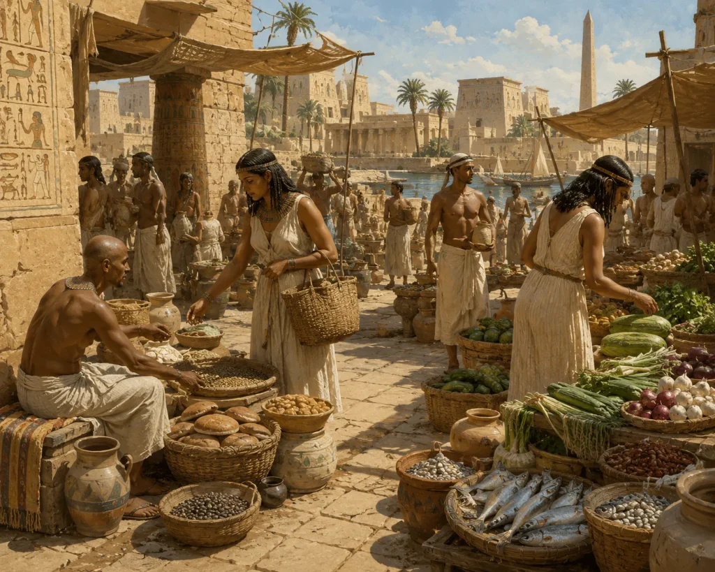 Historical illustration of marketplace in ancient Egypt