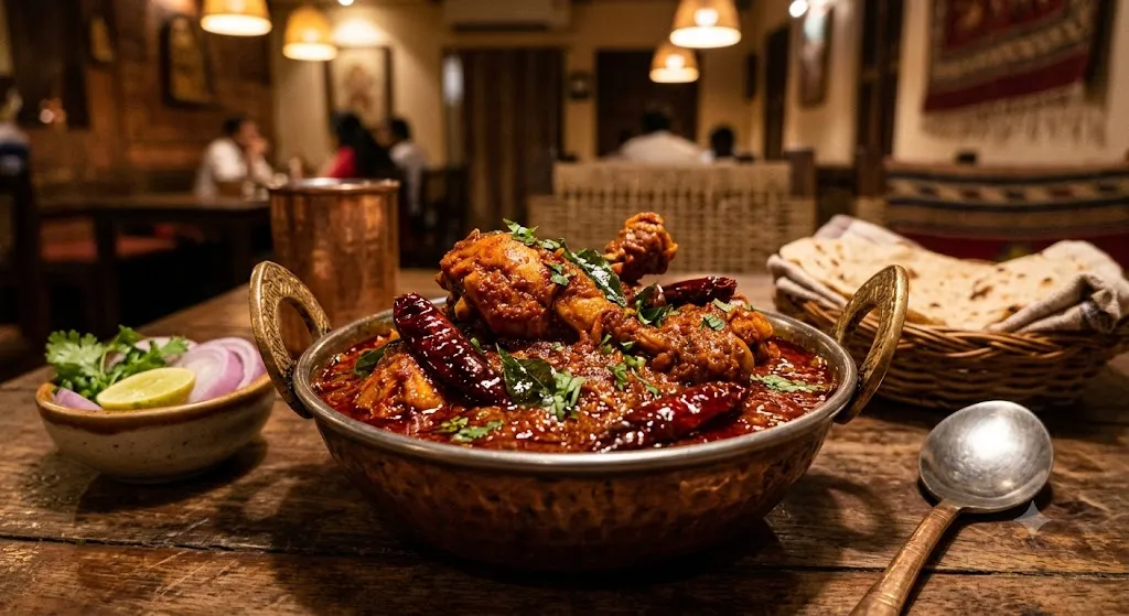Andhra chicken curry with dried red chilies