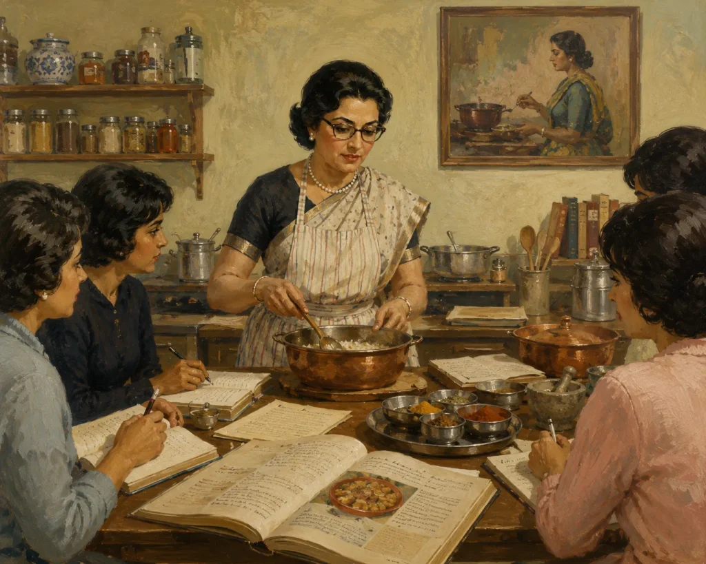 1960s Indian cookery teaching scene inspired by Balbir Singh