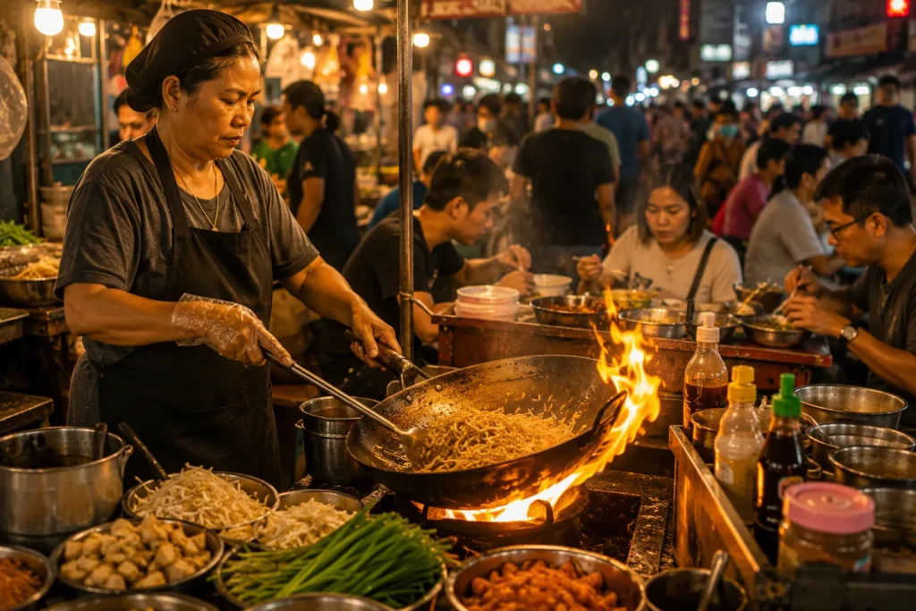 Bangkok street vendor cooking pad Thai in large wok