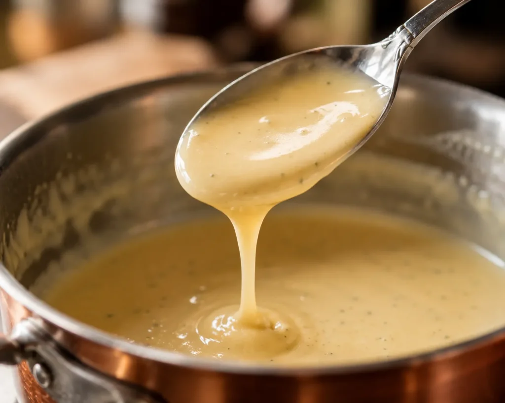 Beurre blanc sauce coating spoon with glossy texture