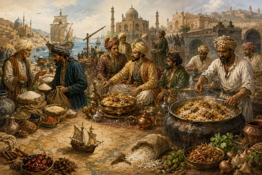 Historical illustration showing cultural influences behind biryani