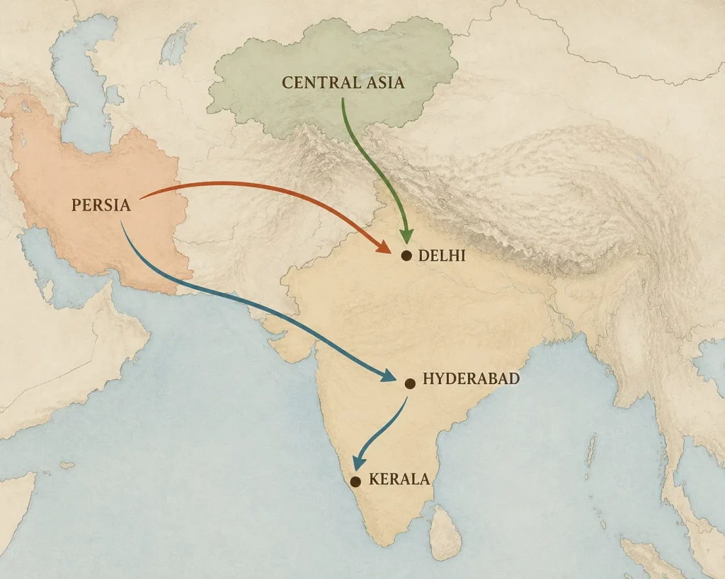 Map showing multiple historical biryani migration routes