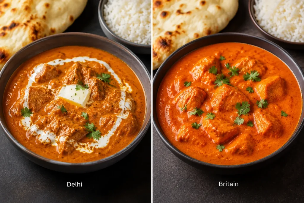 Butter chicken compared beside British chicken tikka masala