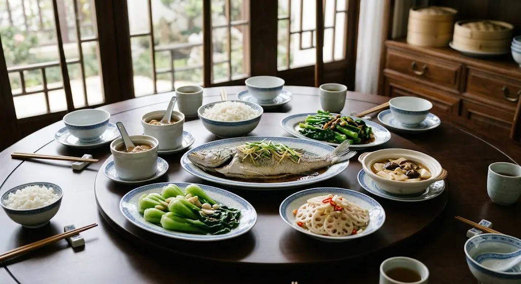 Traditional Cantonese meal with steamed fish vegetables and healthy Chinese cuisine