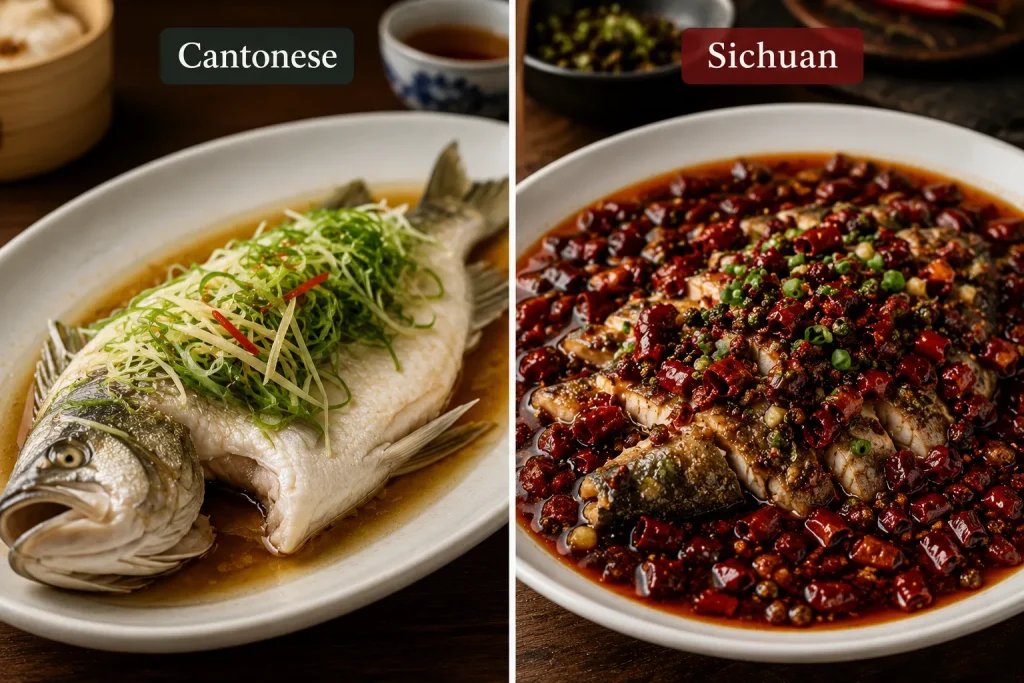 Cantonese fish compared with Sichuan fish preparation