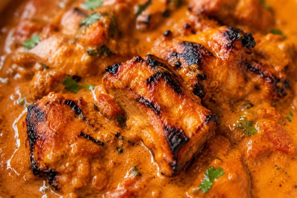 Close-up texture of charred chicken tikka masala pieces
