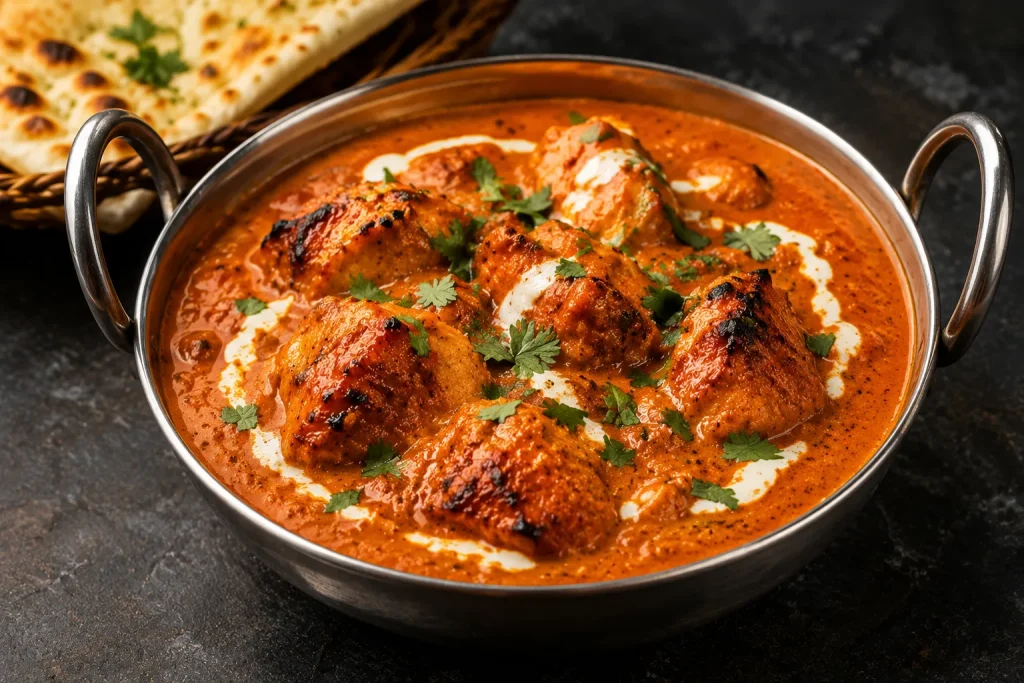 Authentic chicken tikka masala in traditional curry house serving bowl