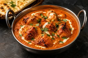 Authentic chicken tikka masala in traditional curry house serving bowl