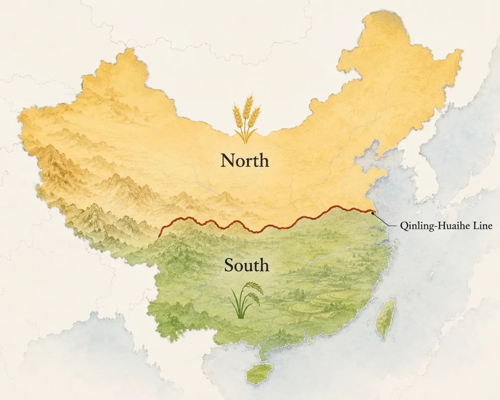 Map showing China's wheat north and rice south divide