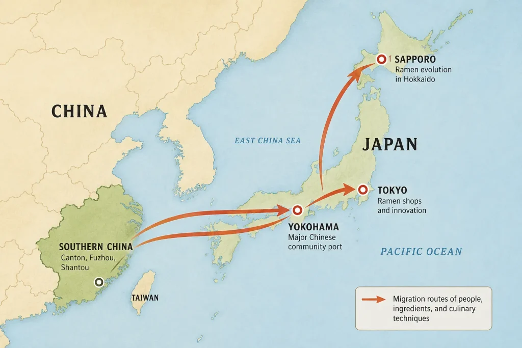 Migration route showing ramen's journey from China to Japan