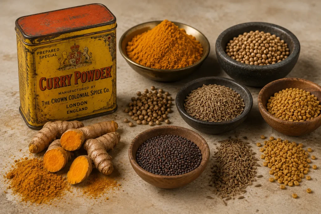 Historic curry powder beside traditional whole spices