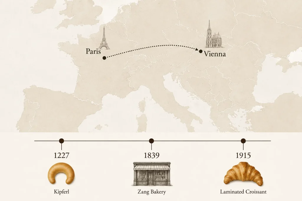 Timeline showing croissant history from Vienna to Paris