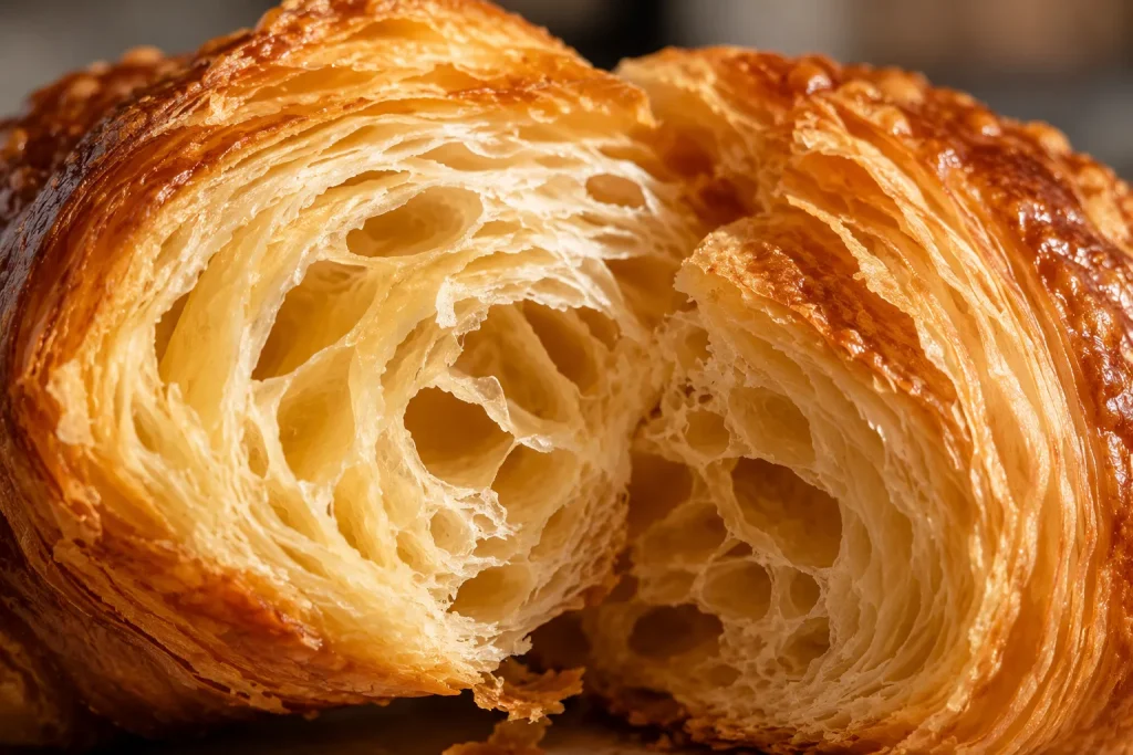 Close-up of buttery laminated croissant layers after tearing open