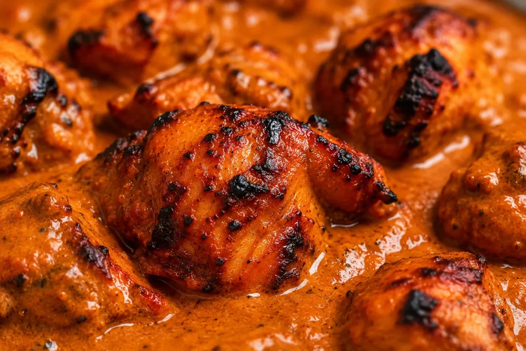Charred chicken tikka pieces inside creamy masala sauce