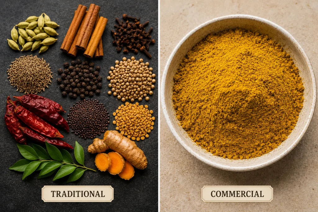 Traditional spice preparation is typically dish-specific, while curry powder is a standardized blend.