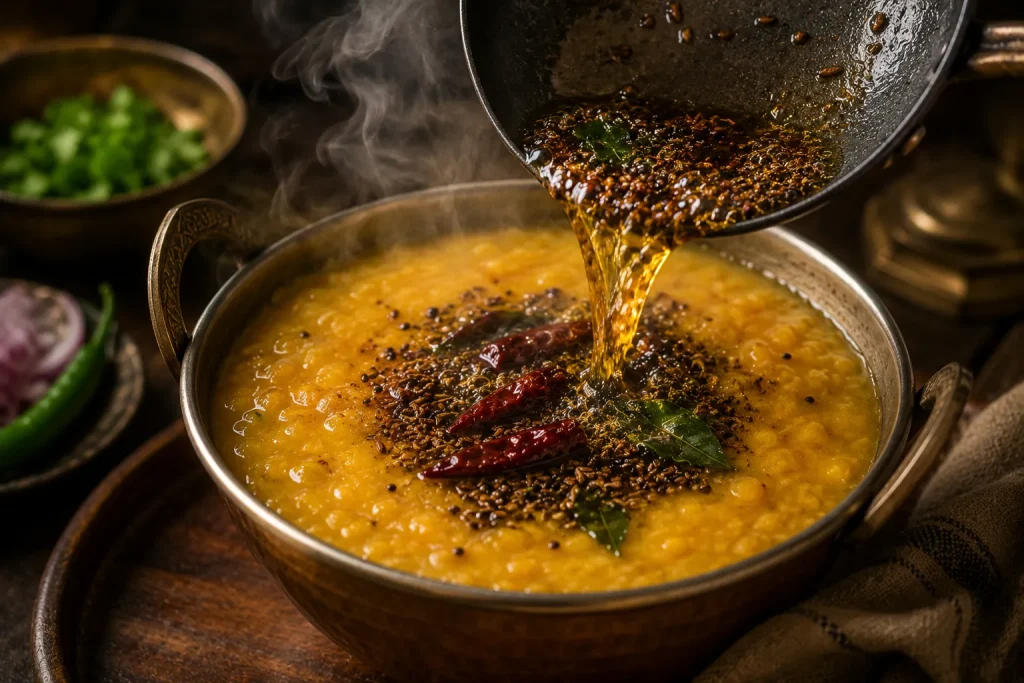 Fresh tadka being poured over bowl of yellow dal