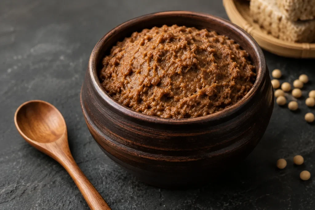 Traditional Korean doenjang soybean paste in earthenware bowl