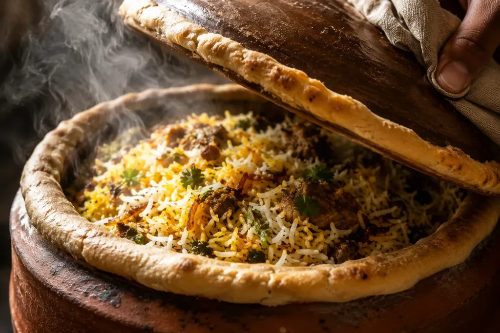Traditional dum biryani cooking inside sealed handi pot