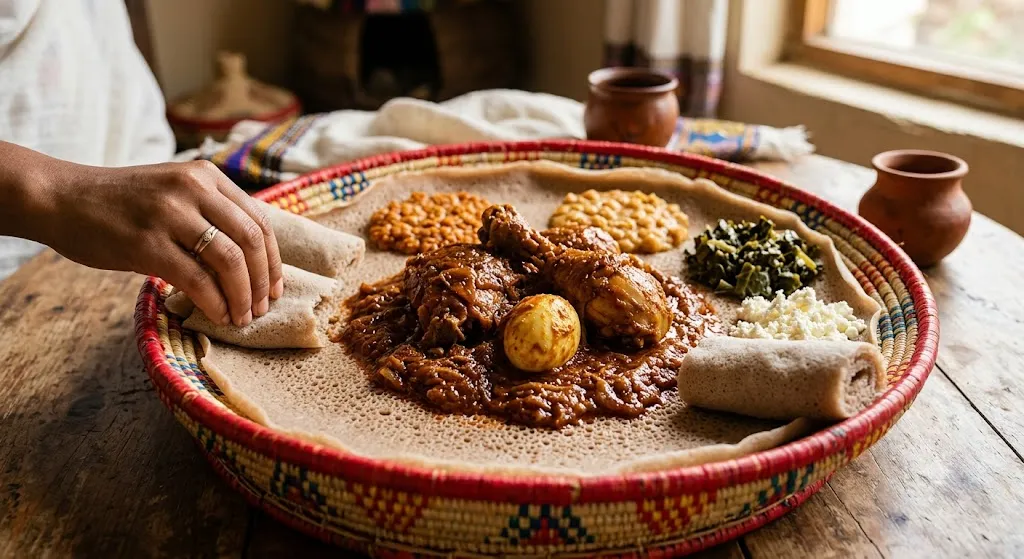 Traditional Ethiopian doro wat served on injera bread