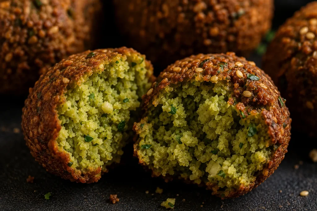 Crispy falafel broken open showing herb filled center