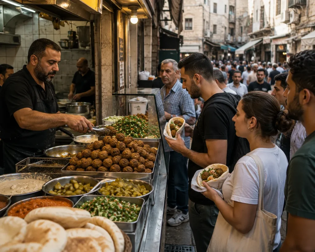 Busy falafel vendor serving customers in Middle Eastern city