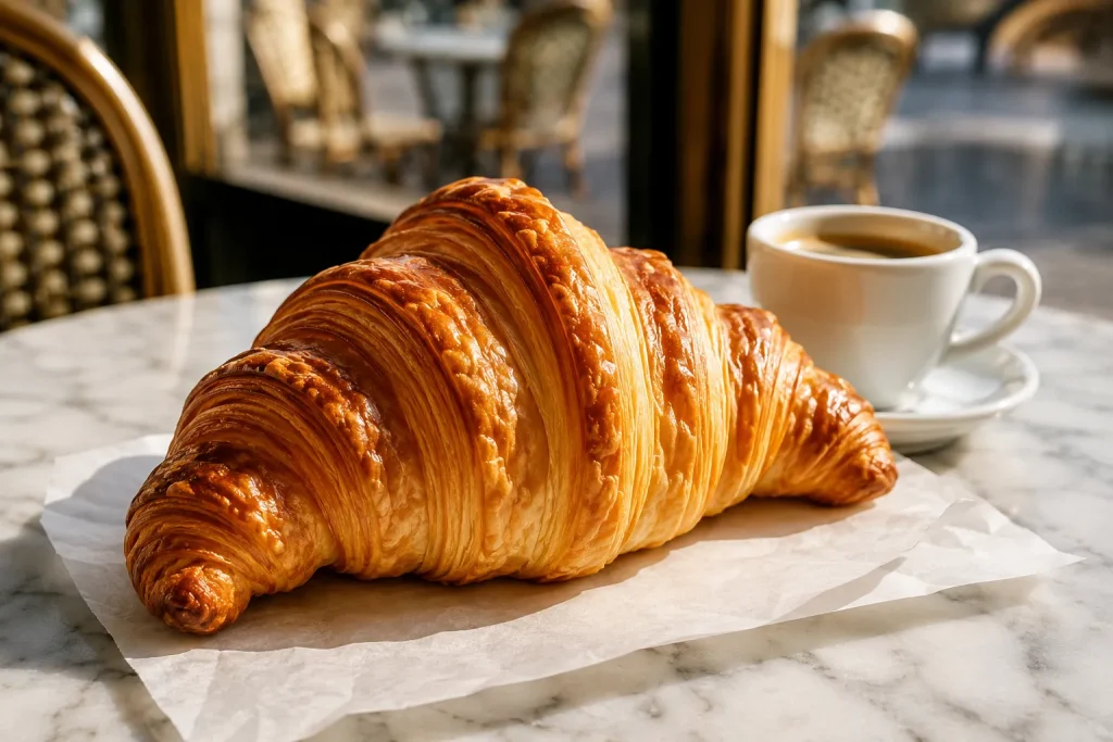 Traditional French croissant with crisp buttery laminated layers on café table