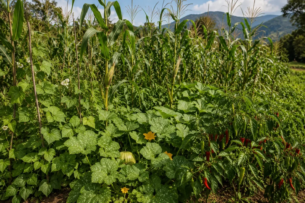 Traditional milpa field growing corn beans squash and chiles