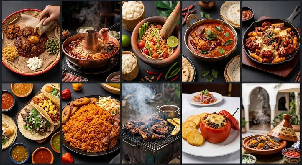 World's spiciest cuisines displayed in a colorful food collage