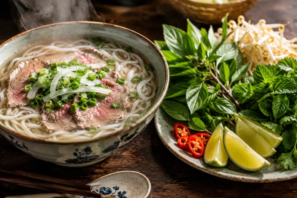 Vietnamese pho with fresh herbs and lime beside broth