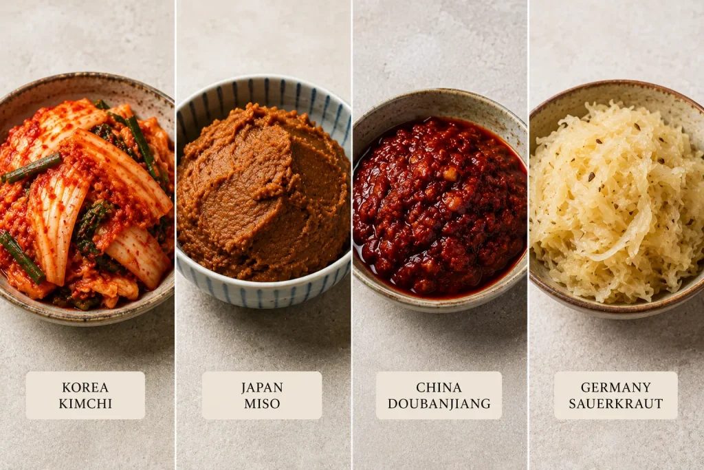 Kimchi miso doubanjiang and sauerkraut fermentation comparison