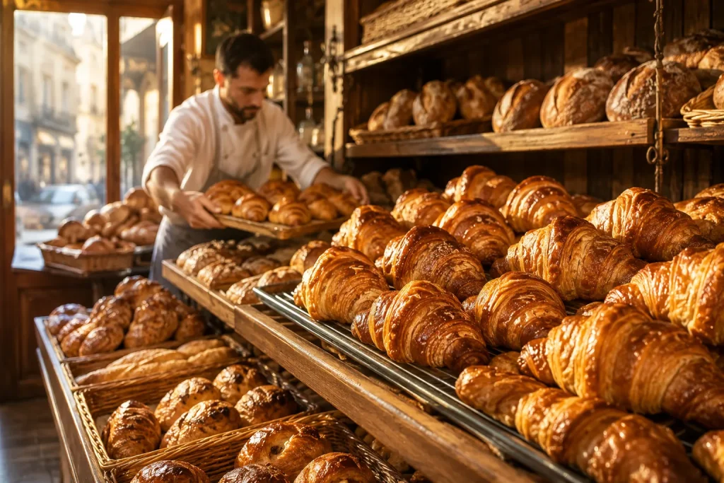 French bakery displaying freshly baked artisan croissants every morning