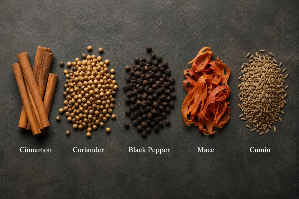 Whole spices commonly used to create garam masala blends