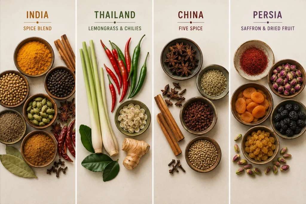 Indian Thai Chinese and Middle Eastern flavor systems compared