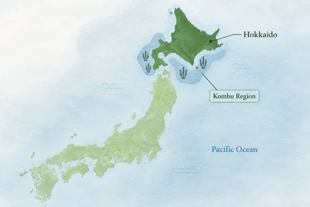 Map showing Hokkaido kombu regions linked to Japanese umami