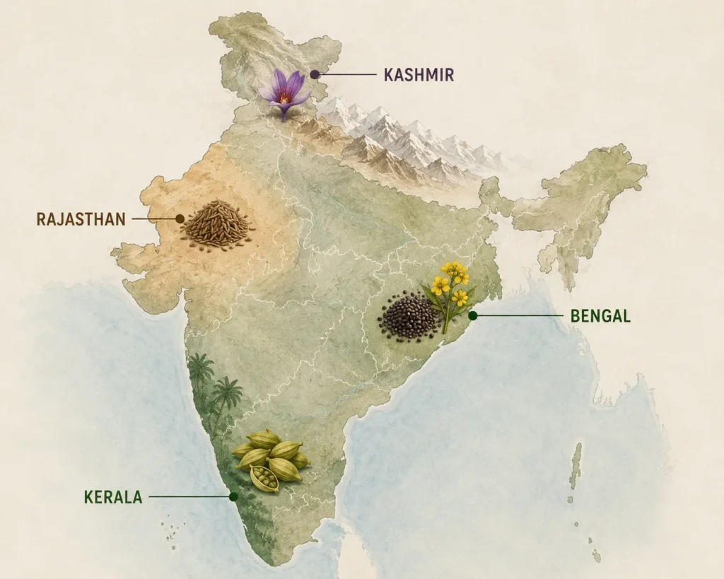 Major Indian spice-growing regions across different climates