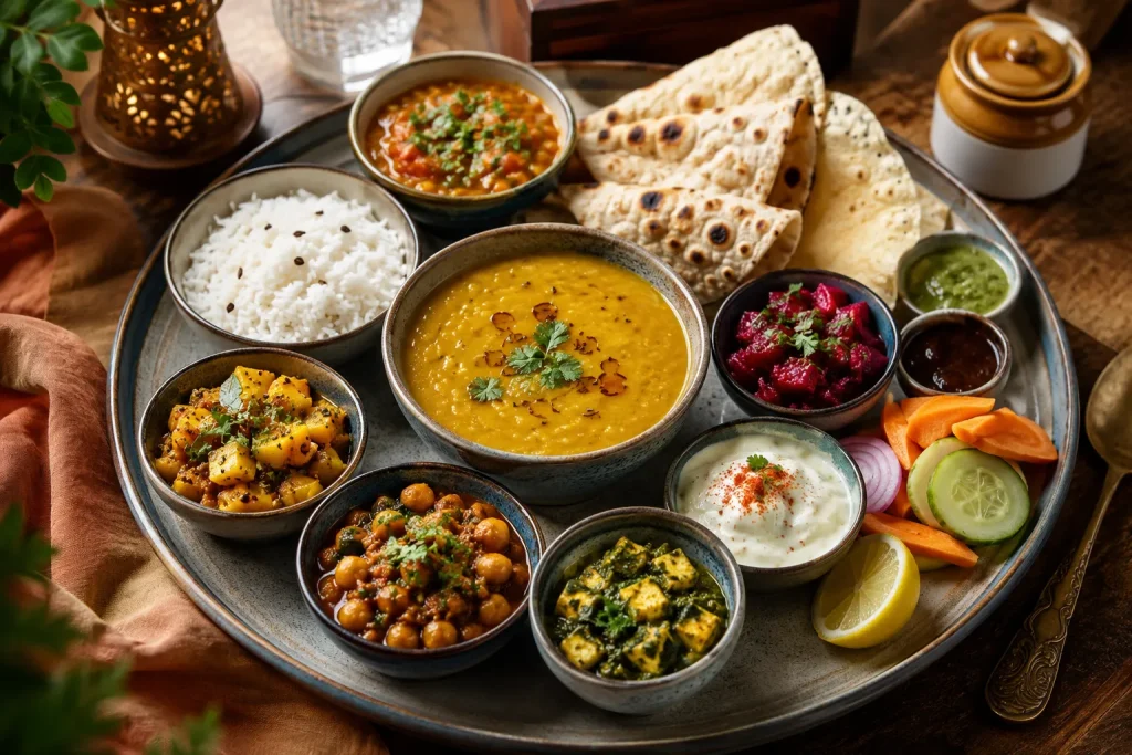 Traditional Indian home thali with dal vegetables and whole wheat roti