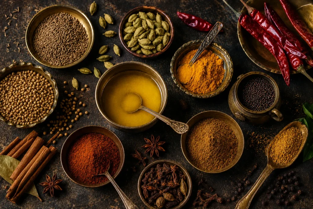 Traditional Indian spices arranged around cooking ingredients and bowls