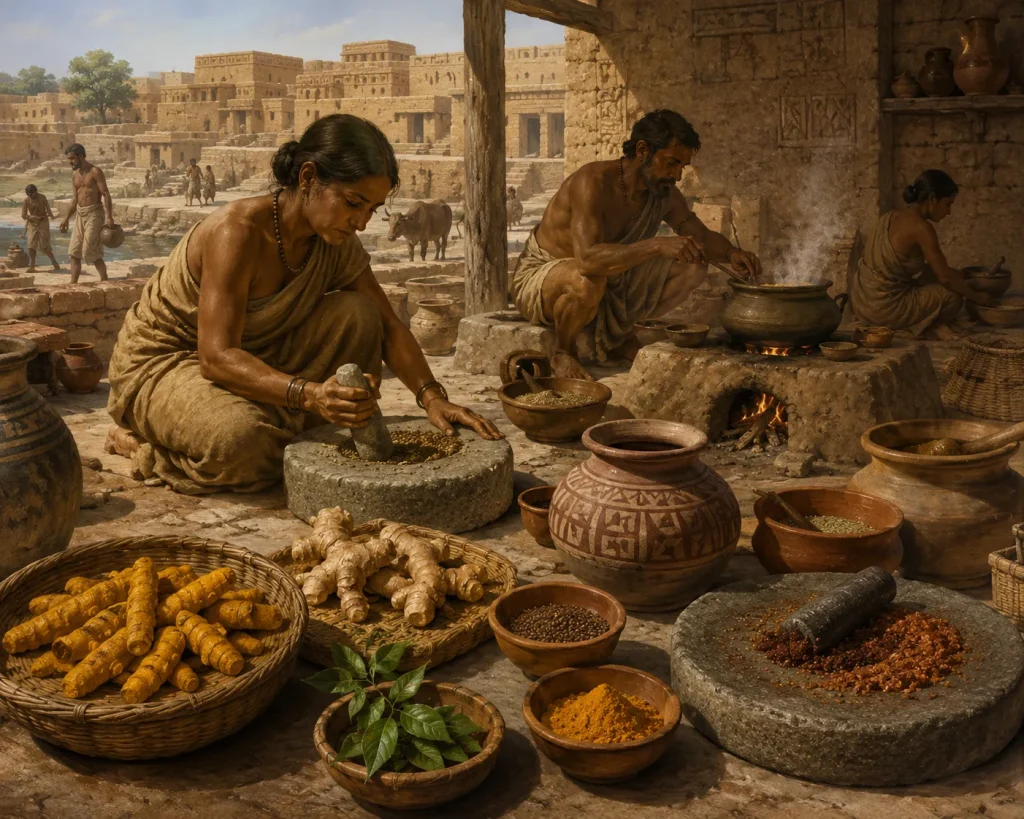 Ancient Indus Valley food preparation with spices and pottery