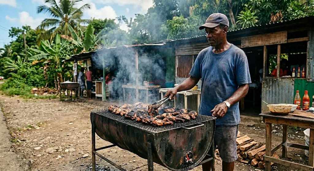 Traditional Jamaican jerk chicken cooking over smoke