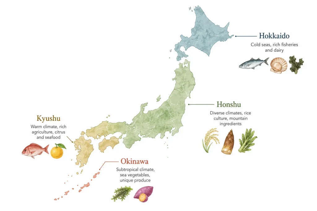 Map showing regional influences on traditional Japanese cuisine