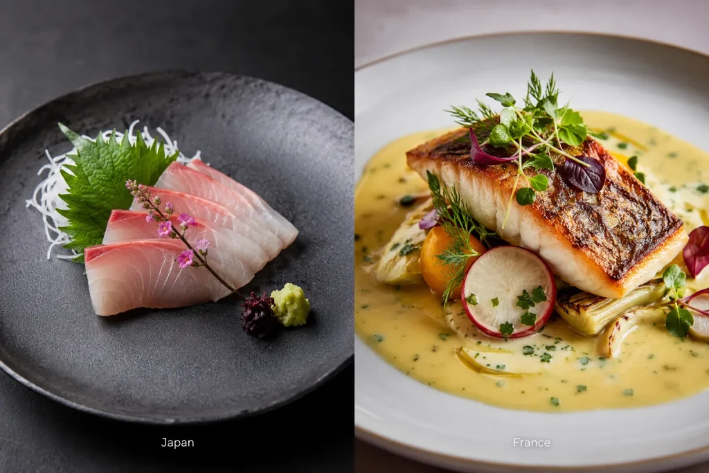 Japanese and French approaches to presenting fish dishes