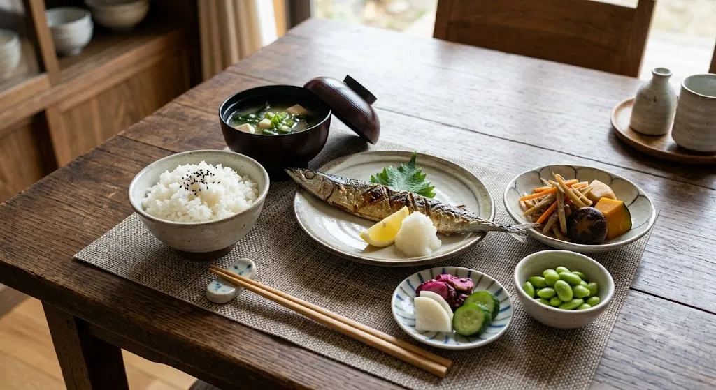 Traditional Japanese meal with vegetables fish and fermented foods