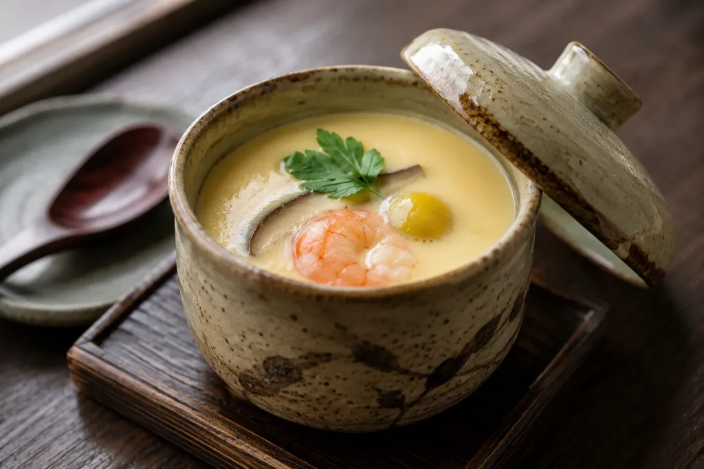 Traditional chawanmushi custard served in handmade Japanese ceramic cup