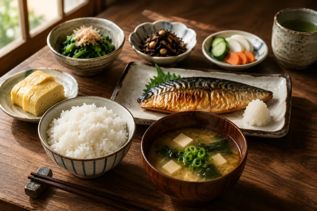 Traditional Japanese meal built around umami-rich foods