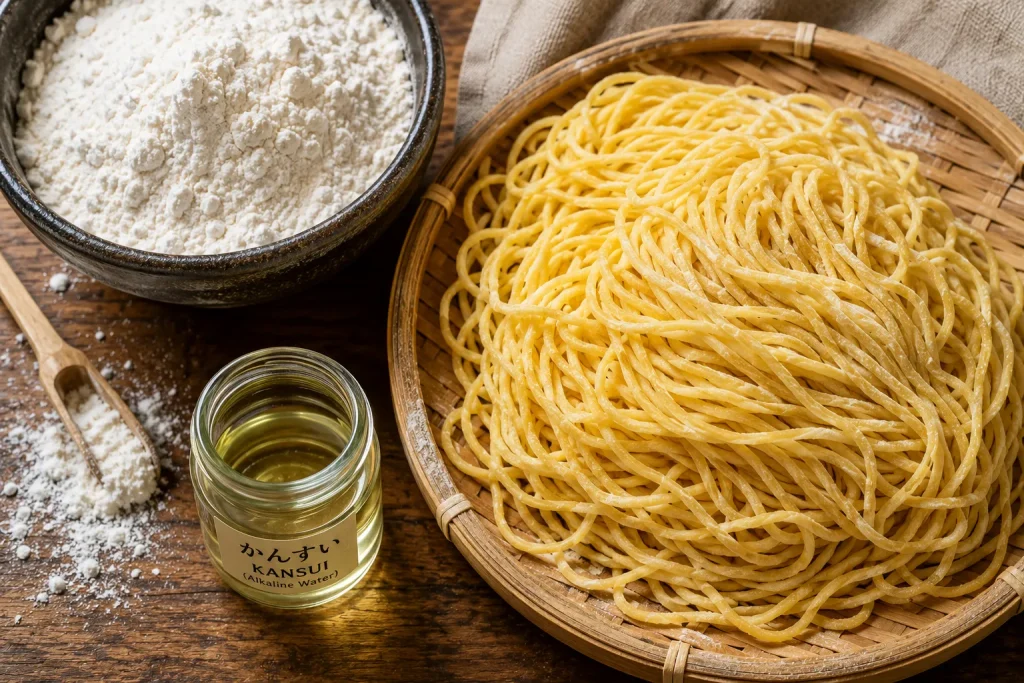 Fresh ramen noodles made using traditional kansui alkaline water