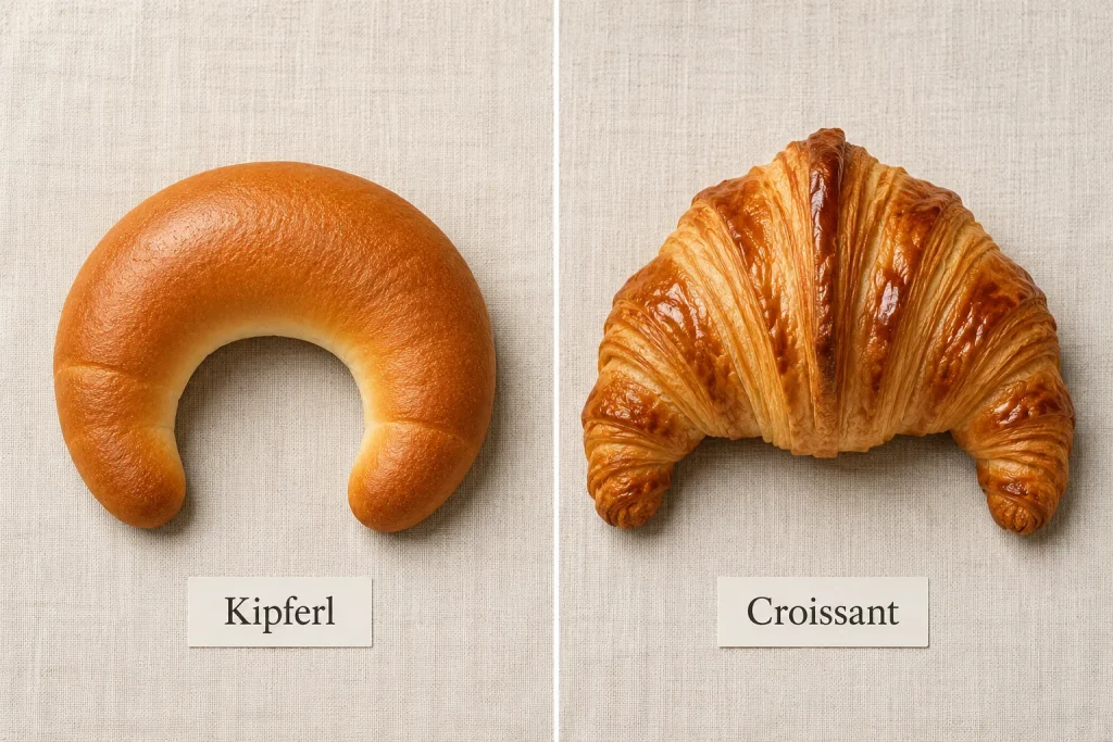Austrian kipferl beside modern French laminated croissant comparison
