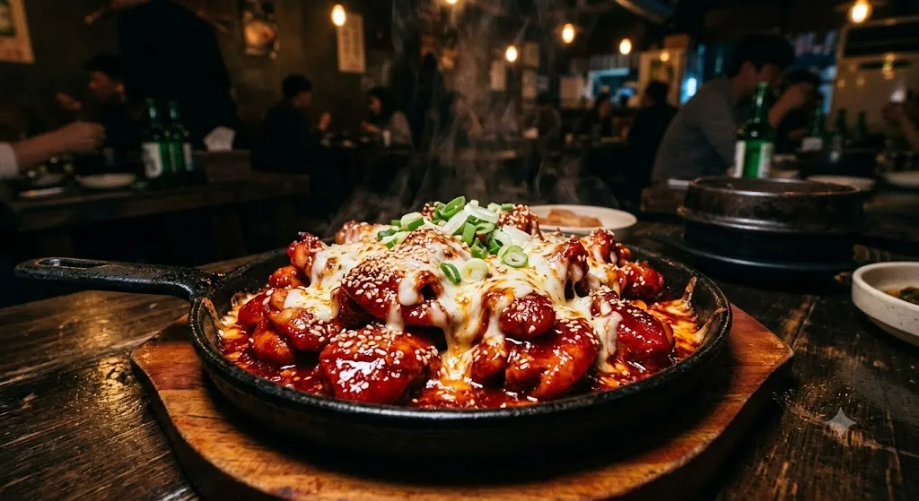 Korean buldak fire chicken coated in spicy sauce