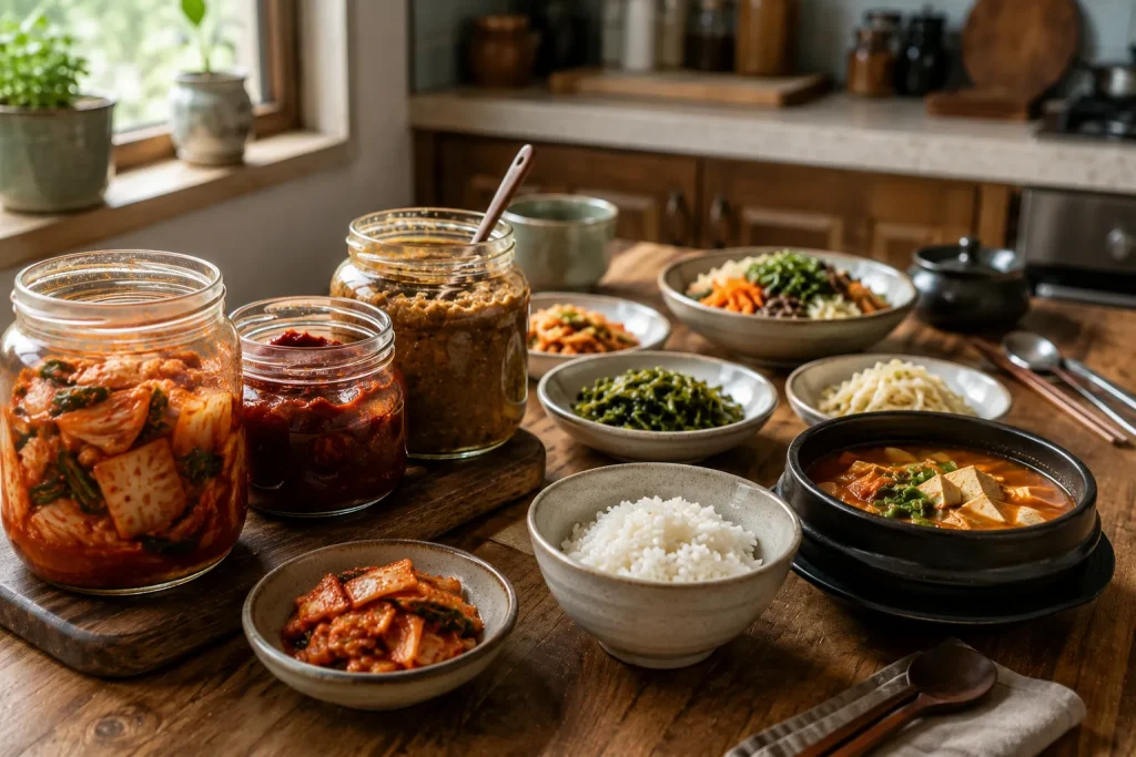 Korean fermented ingredients arranged beside a home cooked meal