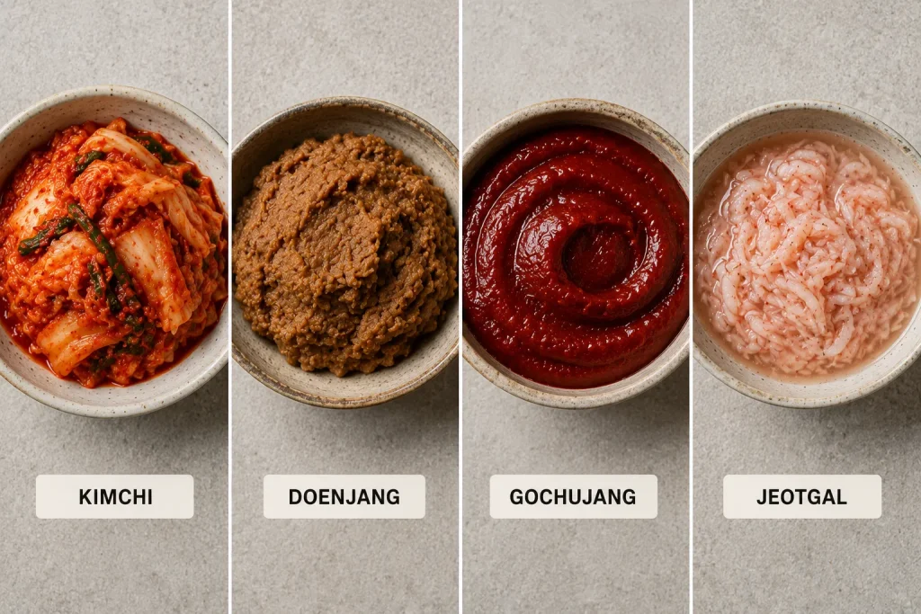 Kimchi doenjang gochujang and jeotgal shown side by side